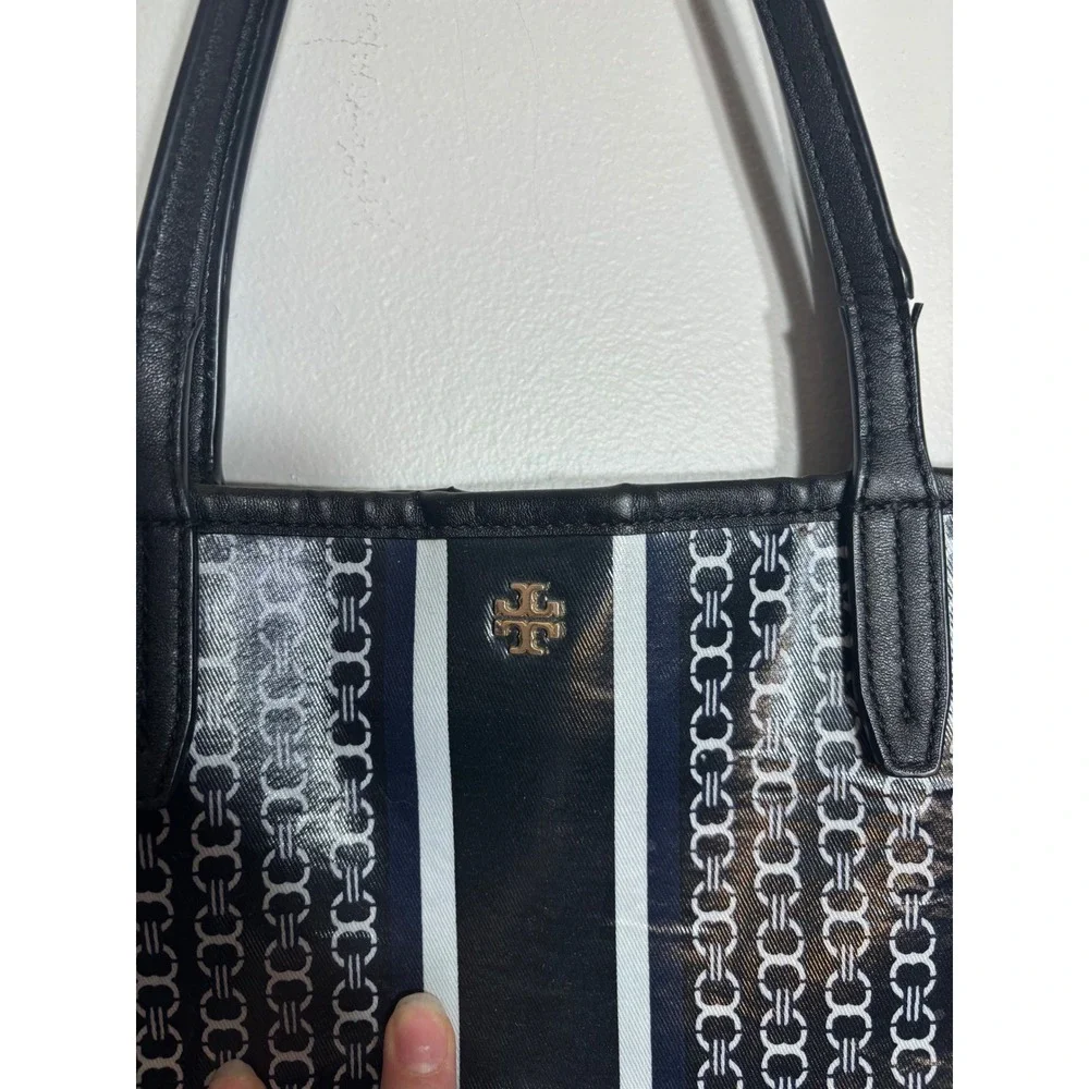 Tory Burch Gemini Link‎ Tote Bag Black White Coated Canvas Large Shoulder Bag